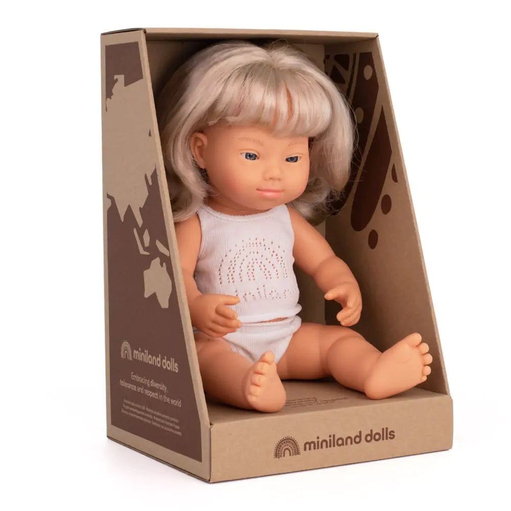 Baby Doll Caucasian Blond girl W/Down Syndrome, 38cm - Koko-Kamel.com
