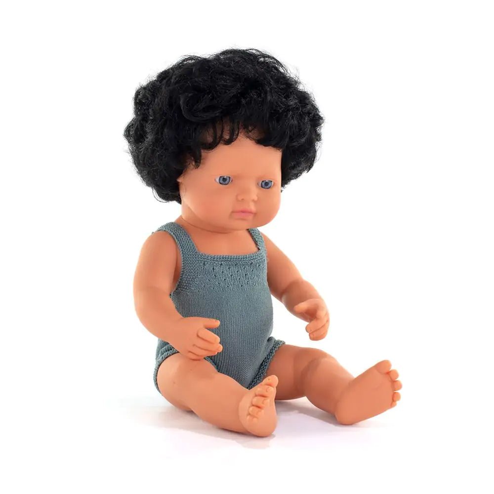 Baby Doll Caucasian Curly Black Hair 38cm, Grey Rompers - Koko-Kamel.com