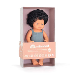 Baby Doll Caucasian Curly Black Hair 38cm, Grey Rompers - Koko-Kamel.com