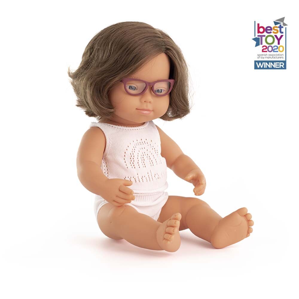 BABY DOLL CAUCASIAN GIRL WITH DOWN SYNDROME WITH GLASSES 38CM - Koko-Kamel.com