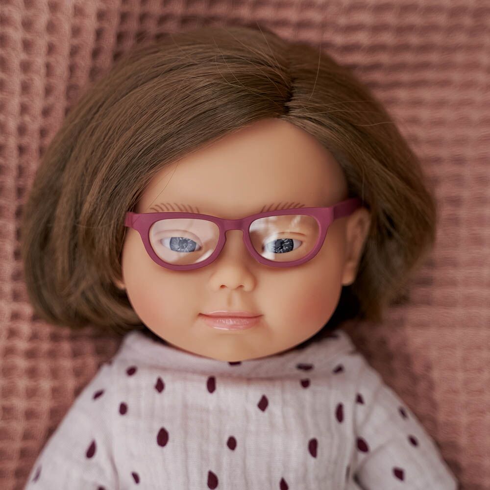 BABY DOLL CAUCASIAN GIRL WITH DOWN SYNDROME WITH GLASSES 38CM - Koko-Kamel.com