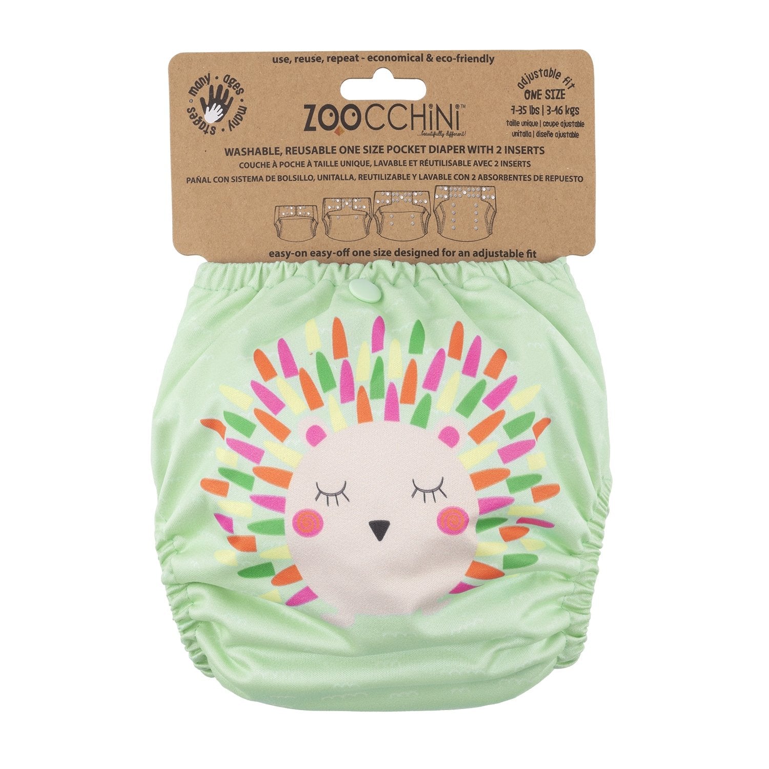 Reusable Cloth Pocket Diapers + 2 inserts - Hedgehog - Koko-Kamel.com