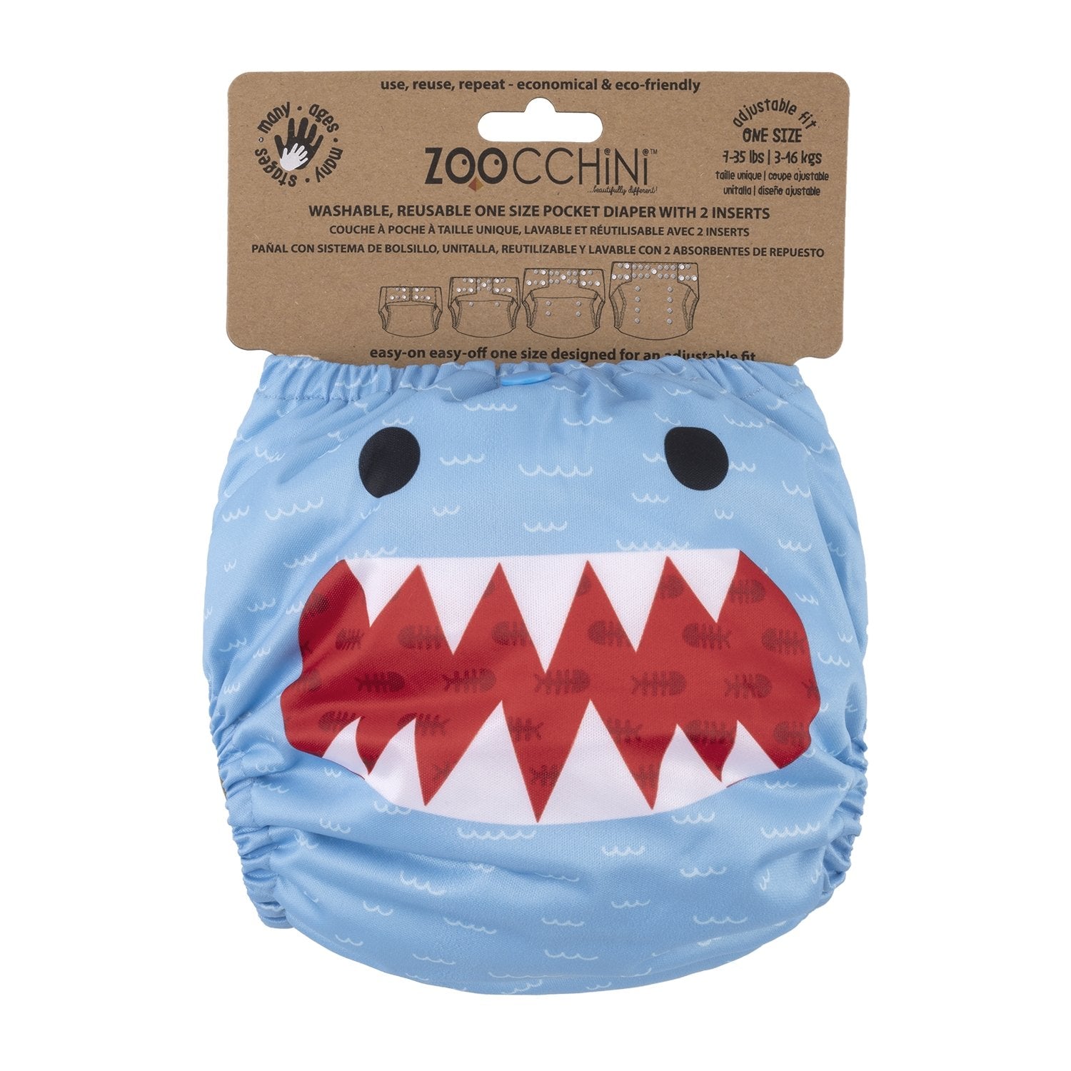 Reusable Cloth Pocket Diapers + 2 inserts - Shark - Koko-Kamel.com