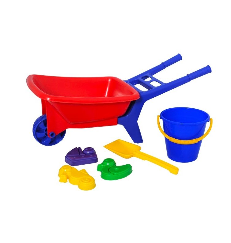 Wheelbarrow with sand toys, 6 parts, red and blue - Koko-Kamel.com